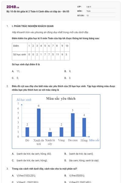 Bộ 10 đề thi giữa kì 2 Toán 6 Cánh diều có đáp án  - Đề 05
