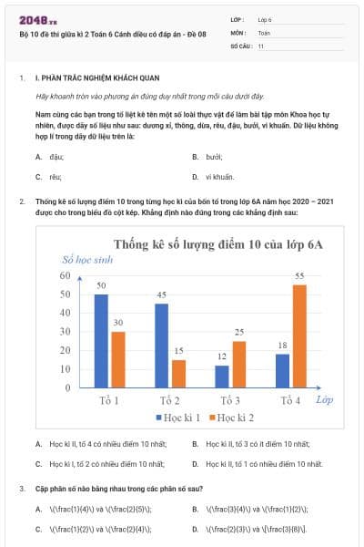 Bộ 10 đề thi giữa kì 2 Toán 6 Cánh diều có đáp án  - Đề 08