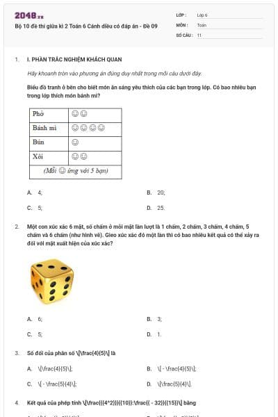 Bộ 10 đề thi giữa kì 2 Toán 6 Cánh diều có đáp án  - Đề 09