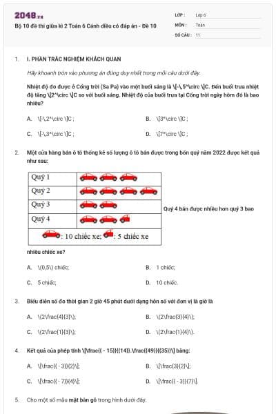 Bộ 10 đề thi giữa kì 2 Toán 6 Cánh diều có đáp án  - Đề 10