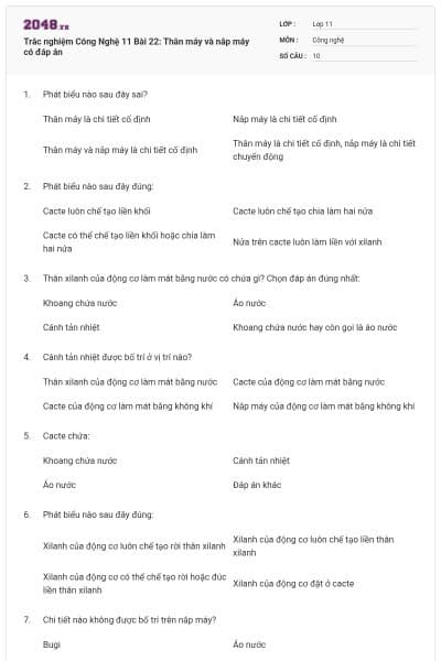 Trắc nghiệm Công Nghệ 11 Bài 22: Thân máy và nắp máy có đáp án