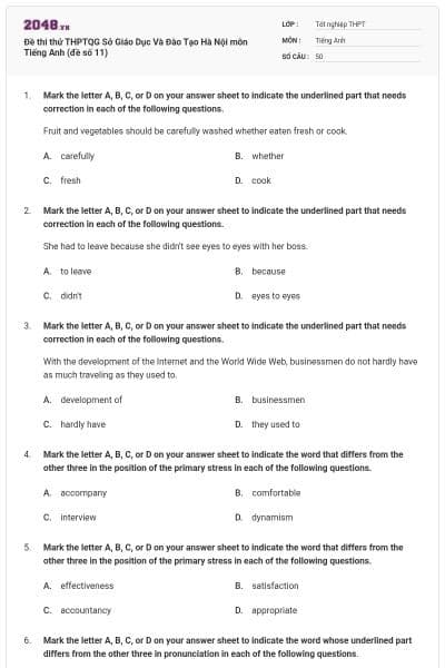 Đề thi thử THPTQG Sở Giáo Dục Và Đào Tạo Hà Nội môn Tiếng Anh (đề số 11)