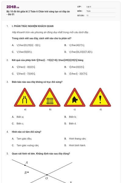 Bộ 10 đề thi giữa kì 2 Toán 6 Chân trời sáng tạo có đáp án - Đề 01