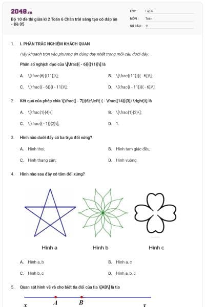 Bộ 10 đề thi giữa kì 2 Toán 6 Chân trời sáng tạo có đáp án - Đề 05