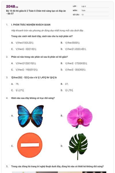 Bộ 10 đề thi giữa kì 2 Toán 6 Chân trời sáng tạo có đáp án - Đề 07