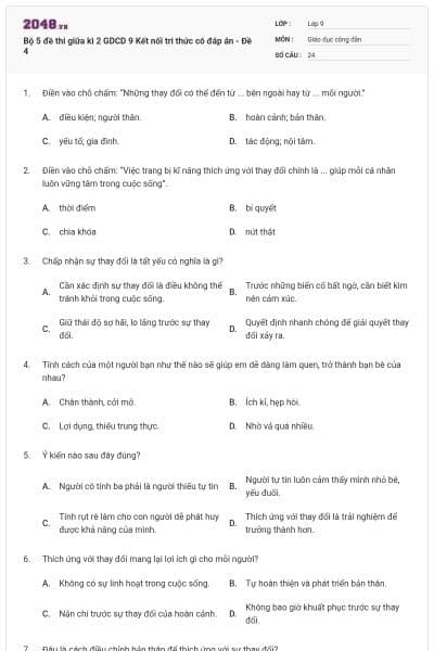 Bộ 5 đề thi giữa kì 2 GDCD 9 Kết nối tri thức có đáp án - Đề 4