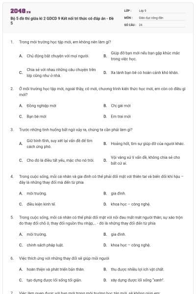 Bộ 5 đề thi giữa kì 2 GDCD 9 Kết nối tri thức có đáp án - Đề 5