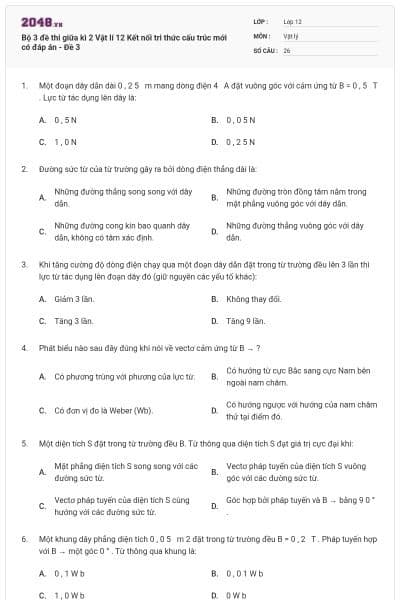 Bộ 3 đề thi giữa kì 2 Vật lí 12 Kết nối tri thức cấu trúc mới có đáp án - Đề 3