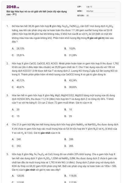Bài tập Hóa học vô cơ có giải chi tiết (mức độ vận dụng cao - P1)