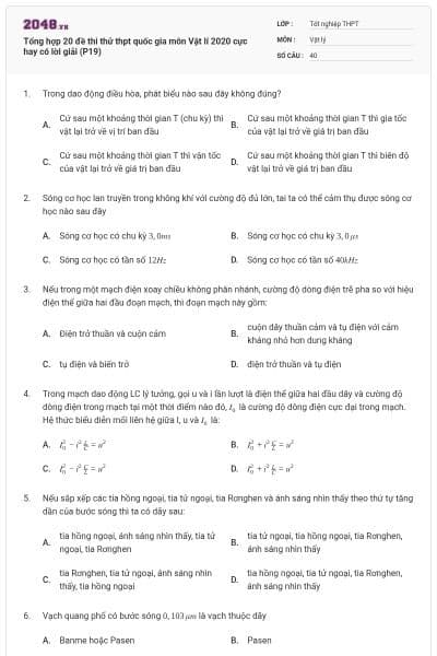 Tổng hợp 20 đề thi thử thpt quốc gia môn Vật lí 2020 cực hay có lời giải (P19)