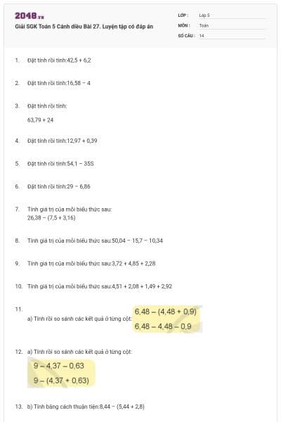 Giải SGK Toán 5 Cánh diều Bài 27. Luyện tập có đáp án