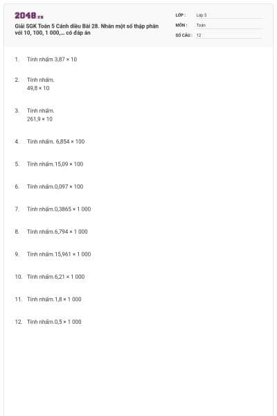 Giải SGK Toán 5 Cánh diều Bài 28. Nhân một số thập phân với 10, 100, 1 000,… có đáp án