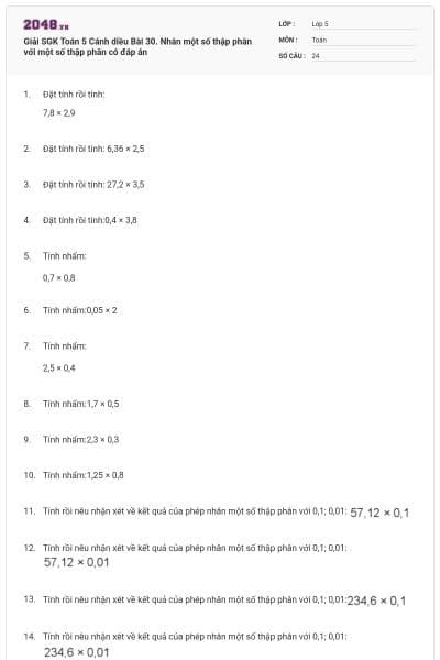 Giải SGK Toán 5 Cánh diều Bài 30. Nhân một số thập phân với một số thập phân có đáp án