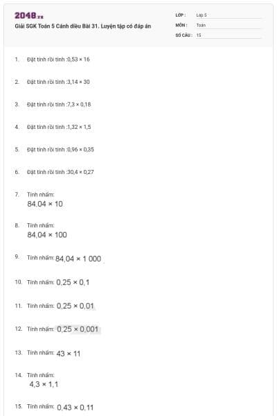 Giải SGK Toán 5 Cánh diều Bài 31. Luyện tập có đáp án