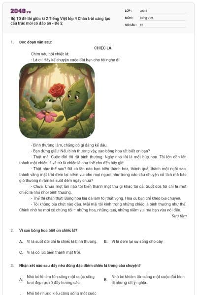 Bộ 10 đề thi giữa kì 2 Tiếng Việt lớp 4 Chân trời sáng tạo cấu trúc mới có đáp án - Đề 2