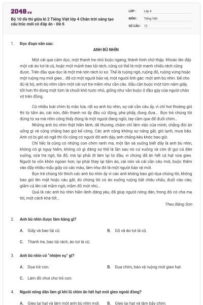 Bộ 10 đề thi giữa kì 2 Tiếng Việt lớp 4 Chân trời sáng tạo cấu trúc mới có đáp án - Đề 6