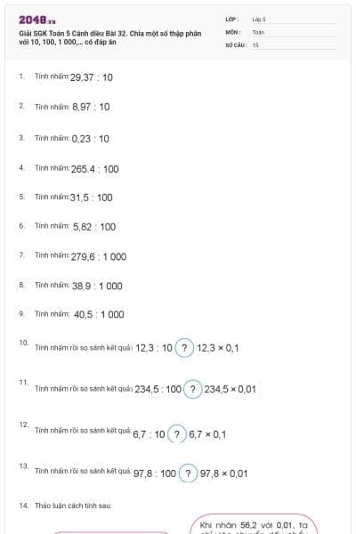 Giải SGK Toán 5 Cánh diều Bài 32. Chia một số thập phân với 10, 100, 1 000,… có đáp án