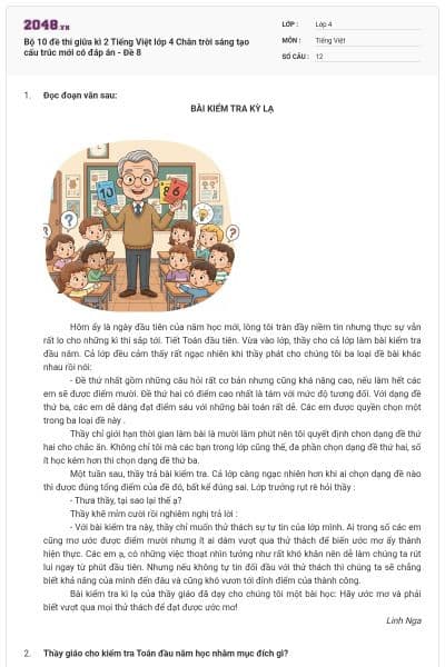 Bộ 10 đề thi giữa kì 2 Tiếng Việt lớp 4 Chân trời sáng tạo cấu trúc mới có đáp án - Đề 8