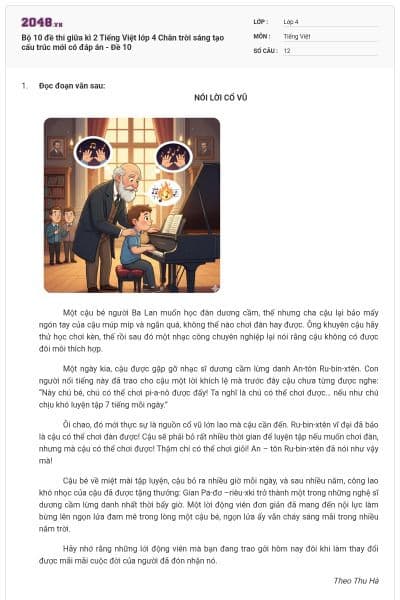 Bộ 10 đề thi giữa kì 2 Tiếng Việt lớp 4 Chân trời sáng tạo cấu trúc mới có đáp án - Đề 10