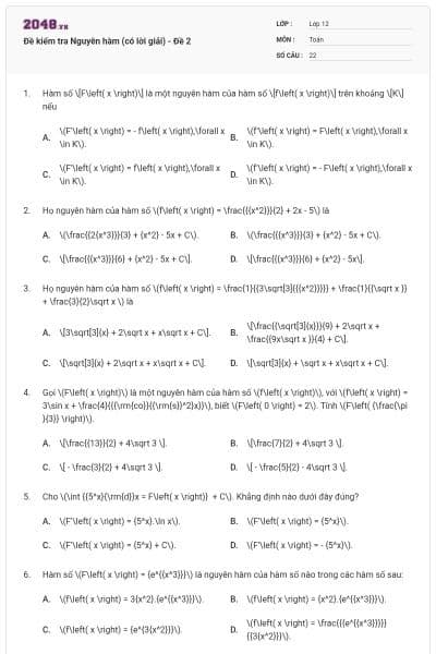 Đề kiểm tra Nguyên hàm (có lời giải) - Đề 2