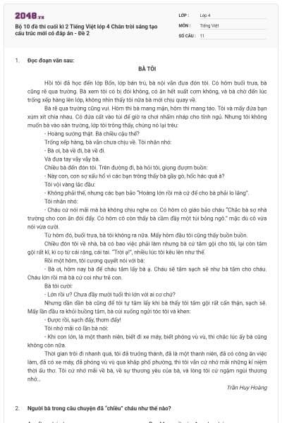 Bộ 10 đề thi cuối kì 2 Tiếng Việt lớp 4 Chân trời sáng tạo cấu trúc mới có đáp án - Đề 2
