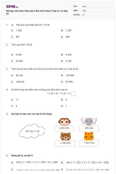 Bài tập cuối tuần Toán lớp 4 Kết nối tri thức Tuần 21 có đáp án