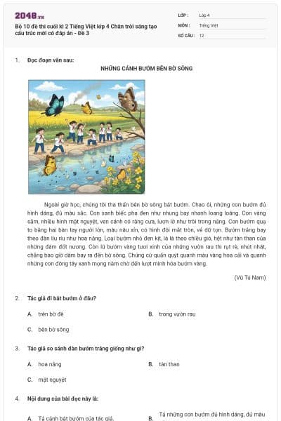 Bộ 10 đề thi cuối kì 2 Tiếng Việt lớp 4 Chân trời sáng tạo cấu trúc mới có đáp án - Đề 3
