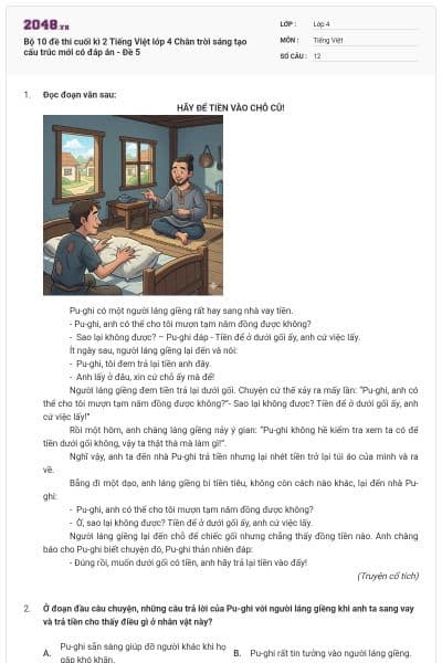 Bộ 10 đề thi cuối kì 2 Tiếng Việt lớp 4 Chân trời sáng tạo cấu trúc mới có đáp án - Đề 5