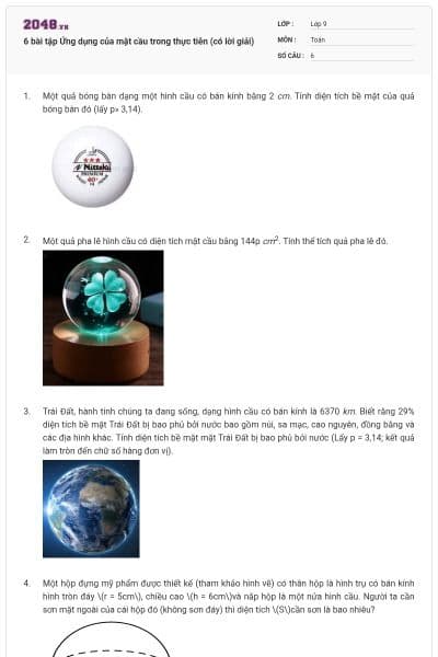 6 bài tập Ứng dụng của mặt cầu trong thực tiễn (có lời giải)