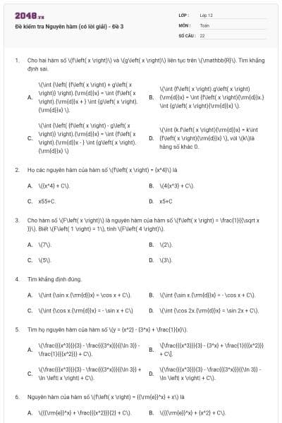 Đề kiểm tra Nguyên hàm (có lời giải) - Đề 3
