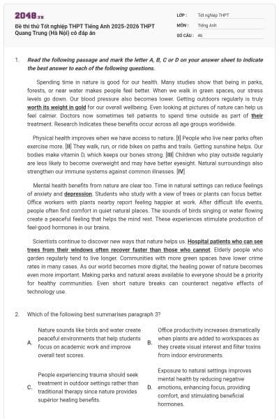 Đề thi thử Tốt nghiệp THPT Tiếng Anh 2025-2026 THPT Quang Trung (Hà Nội) có đáp án
