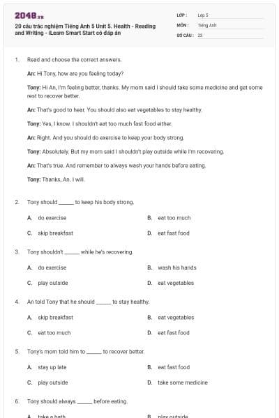 20 câu trắc nghiệm Tiếng Anh 5 Unit 5. Health - Reading and Writing - iLearn Smart Start có đáp án