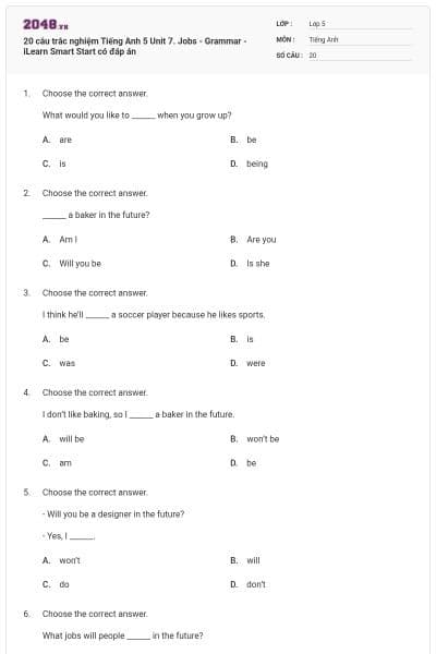 20 câu trắc nghiệm Tiếng Anh 5 Unit 7. Jobs - Grammar - iLearn Smart Start có đáp án