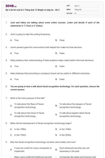 Bộ 3 đề thi cuối kì 2 Tiếng Anh 12 Bright có đáp án - Đề 2