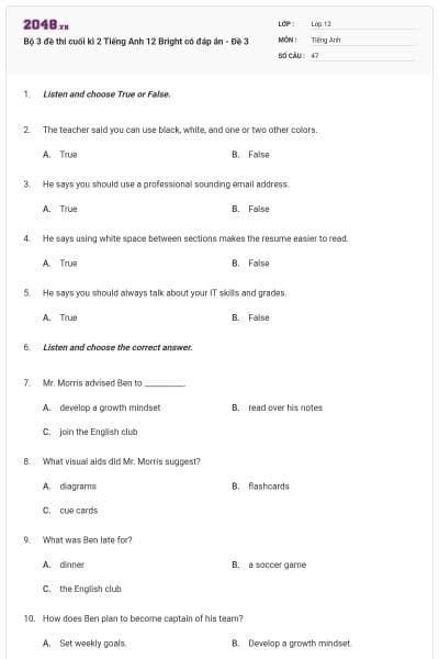 Bộ 3 đề thi cuối kì 2 Tiếng Anh 12 Bright có đáp án - Đề 3