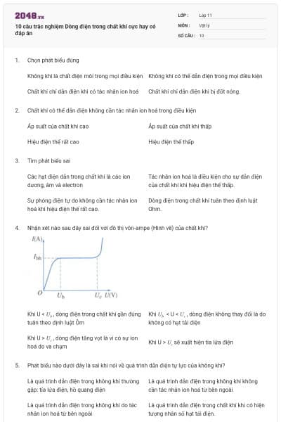 10 câu trắc nghiệm Dòng điện trong chất khí cực hay có đáp án