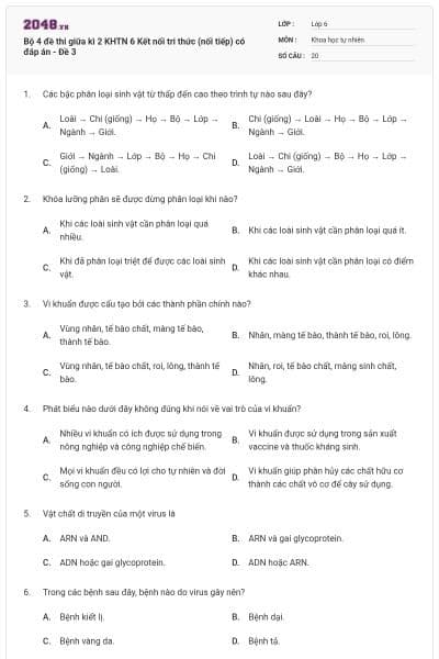 Bộ 4 đề thi giữa kì 2 KHTN 6 Kết nối tri thức (nối tiếp) có đáp án - Đề 3