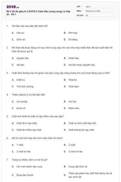 Bộ 4 đề thi giữa kì 2 KHTN 6 Cánh diều (song song) có đáp án - Đề 1
