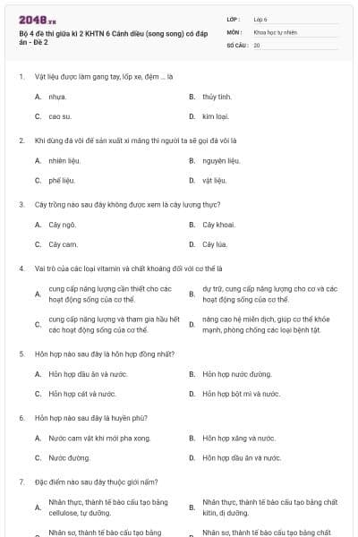 Bộ 4 đề thi giữa kì 2 KHTN 6 Cánh diều (song song) có đáp án - Đề 2
