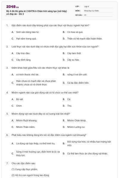 Bộ 4 đề thi giữa kì 2 KHTN 6 Chân trời sáng tạo (nối tiếp) có đáp án - Đề 3