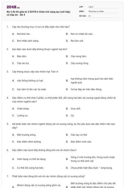Bộ 4 đề thi giữa kì 2 KHTN 6 Chân trời sáng tạo (nối tiếp) có đáp án - Đề 4