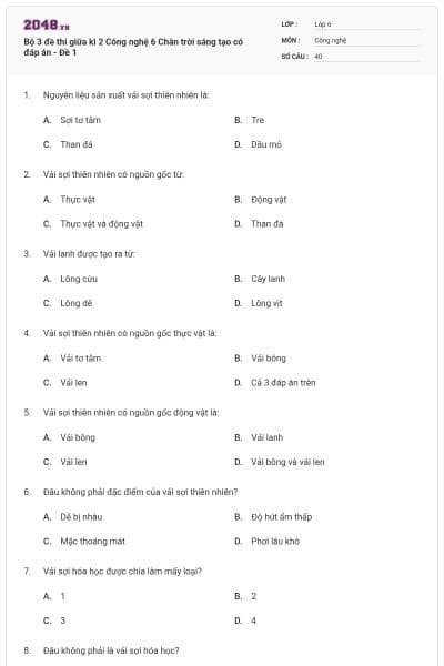 Bộ 3 đề thi giữa kì 2 Công nghệ 6 Chân trời sáng tạo có đáp án - Đề 1