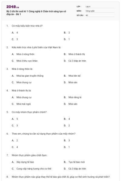 Bộ 3 đề thi cuối kì 1 Công nghệ 6 Chân trời sáng tạo có đáp án - Đề 1