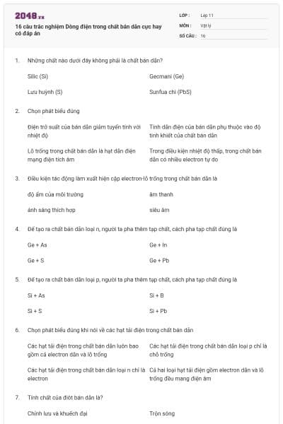 16 câu trắc nghiệm Dòng điện trong chất bán dẫn cực hay có đáp án