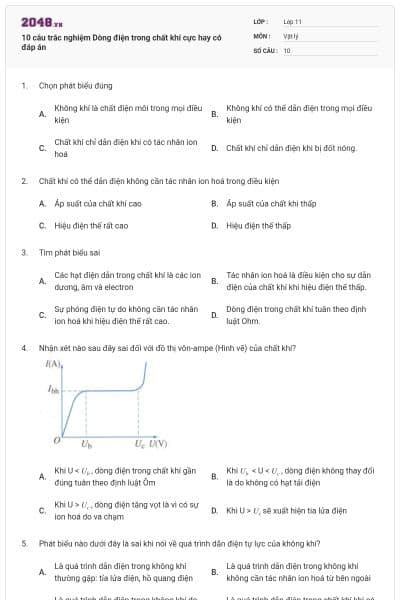10 câu trắc nghiệm Dòng điện trong chất khí cực hay có đáp án