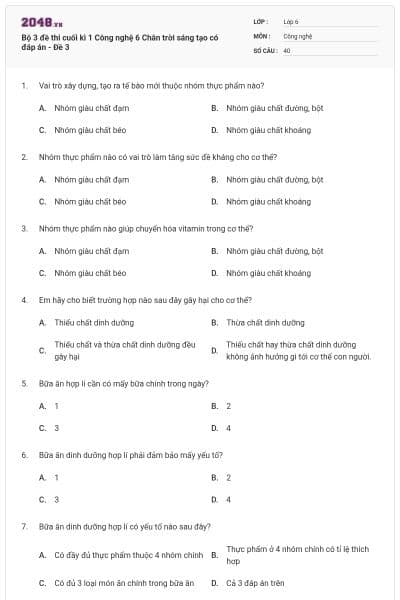 Bộ 3 đề thi cuối kì 1 Công nghệ 6 Chân trời sáng tạo có đáp án - Đề 3