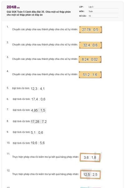 Giải SGK Toán 5 Cánh diều Bài 35. Chia một số thập phân cho một số thập phân có đáp án