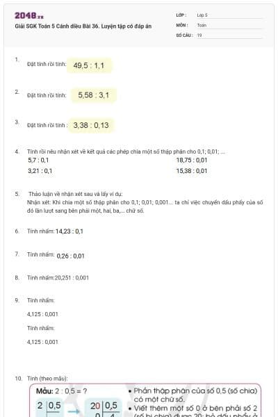 Giải SGK Toán 5 Cánh diều Bài 36. Luyện tập có đáp án