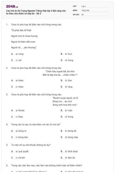 Câu hỏi ôn thi Trạng Nguyên Tiếng Việt lớp 3 Mở rộng vốn từ theo chủ điểm có đáp án - Đề 2