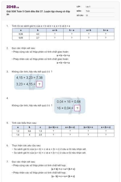Giải SGK Toán 5 Cánh diều Bài 37. Luyện tập chung có đáp án